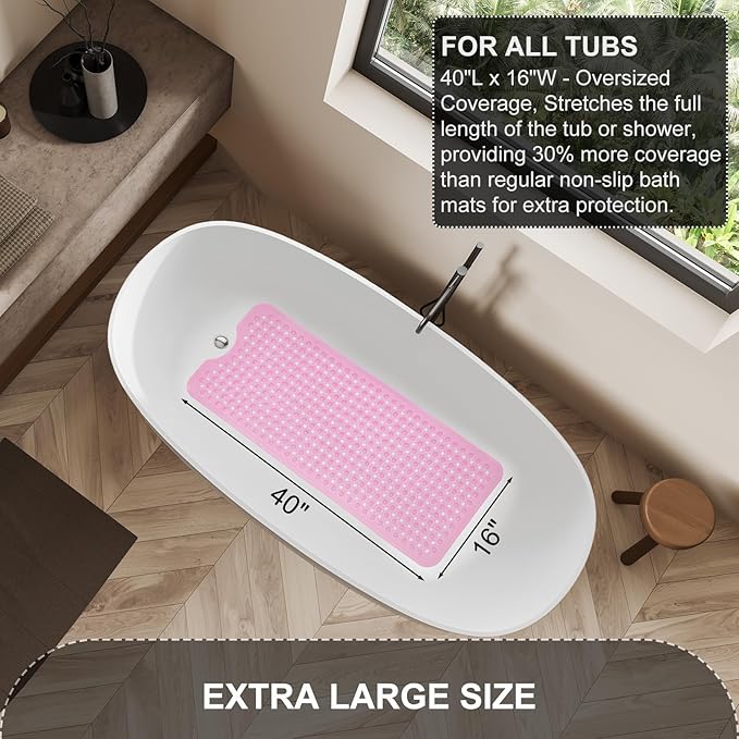 Bath Tub and Shower Mats, Non Slip 40 x 16 Inch Extra Large Bathtub Mat, Machine Washable Bathmat with Drain Holes, Suction Cups for Bathroom Floor, Clear Pink