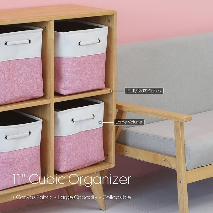 Sea Team 3-Pack Cubic Storage Basket Set, Storage Cube Organizer, Clothes Toys Bin, 11 x 11 x 11 Inches, Big Square Canvas Fabric Collapsible Shelf Box with Handles for Kids Room (Pink/White)