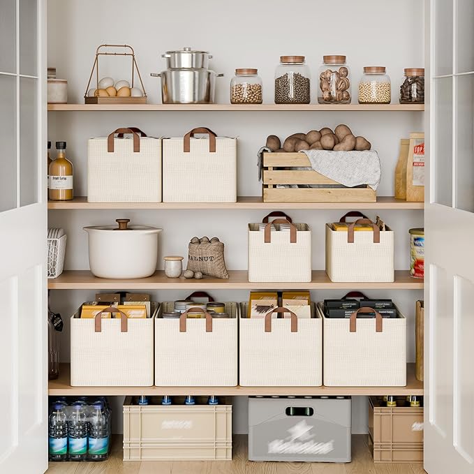 StorageWorks Storage Bins, Shelves Baskets for Organizing, Fabric Closet Organizers with Handles, Metal Frame, Beige-Texture, 2-Pack