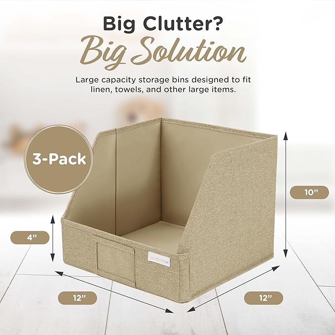 VIVIDECOR Storage Cubes – 12x12x10 Fabric Baskets for Organizing, Storage Baskets for Shelves, Front Opening Fabric Bins, Closet Organizer Bins for Clothes, Towels, Sweaters, Linen – Brown, 3 Pack