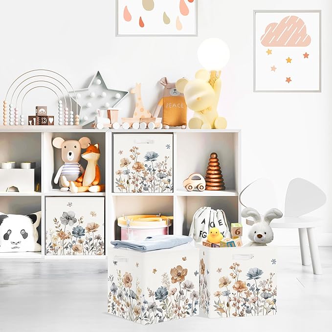 Clastyle Flowers Storage Cube Organizer Set Handle Closet Clothes Cube with Metal Frame Foldable Parents Organizer Storage Basket for Book Toy,Boho Brown,11.8x11.8x11.8 in