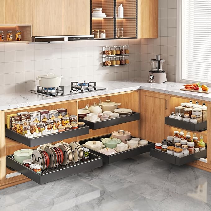 6 Pack Pull Out Cabinet Organizers 21" Deep With Raising Pad for Framed Cabinets, Expandable Slide Out Drawers with 4pcs Divider Racks, Roll Out Shelves, Adjustable Width 12"-20.45" Black