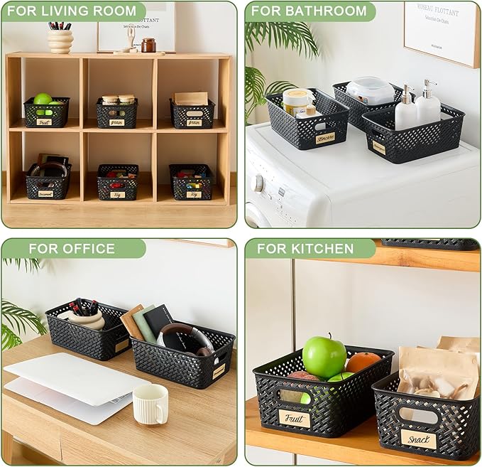Small Plastic Twill Woven Storage Baskets, Stackable Organizing Containers with Labels for Pantry Office, 6-Pack, Black