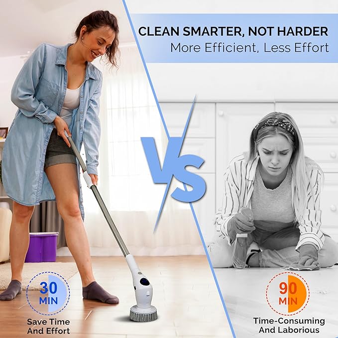 KARAMII Electric Spin Scrubber, Cordless Power Brush with 8 Multi-Functional Heads, 3 Adjustable Speeds, IPX7 Waterproof, LED Display, Long Handle (13.8"-51"), Perfect for Bathroom, Tile, Kitchen, Car