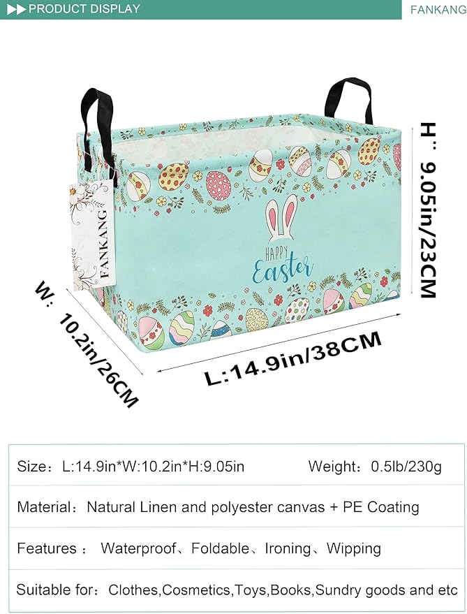 FANKANG Storage Bins, Nursery Hamper Canvas Laundry Basket Foldable with Waterproof PE Coating Large Storage Baskets for Kids Boys and Girls, Office, Bedroom, Clothes,Toys(Easter basket