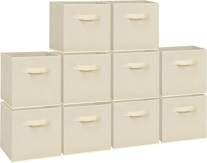 Easi Storage Cubes, 11 Inch Storage Bins, Set of 10, Foldable Fabric Cube Storage Organizer With Handles, Closet Cube Storage Bins, Collapsible Cubby Storage Organizer for Shelves,Offices, Beige