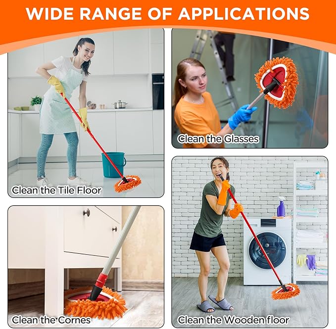 Baderke 3 Pack Chenille Mop Heads Replacements Compatible with 1 Tank System Chenille Duster Replacement Heads Microfiber Spin Mop Refill Pads Reusable Dust Refills for Floor Cleaning (Orange)