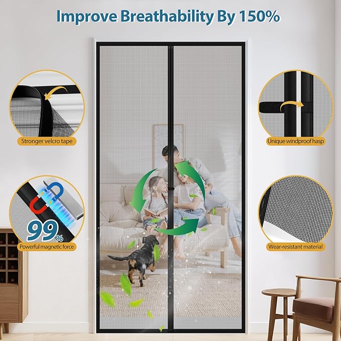 Magnetic Screen Door Mesh - Clear View Door Screen Mesh Size 74"x81" Fit Door 72x80 Inch,Heavy Duty Screen Door with Magnet Self-Closing & Windproof Hasp,Keep Bugs Out, Kid & Pet Friendly