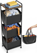 Moforoco Vertical Laundry Sorter 3 Section with Shelf, Laundry Hamper with Removable Bag, 120 L Laundry Baskets organizer for Bathroom, Apartment, Dorm Room, Black