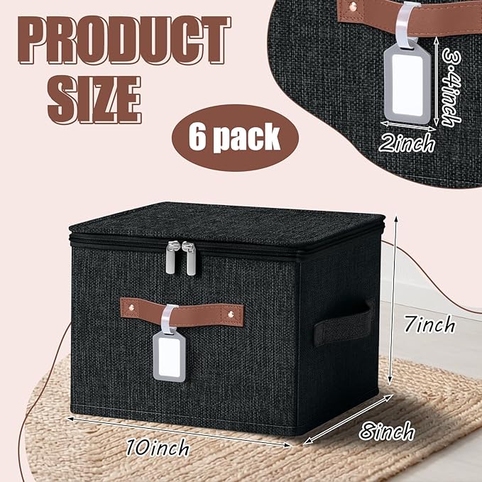 Fiwochic 6 Pack Fabric Storage Bins with Lids, 10x8x7Inch Foldable Cotton Linen Storage Boxes with PU Leather Handles and Label Holders for Closet, Bedroom, Shelf, Nursery, Black