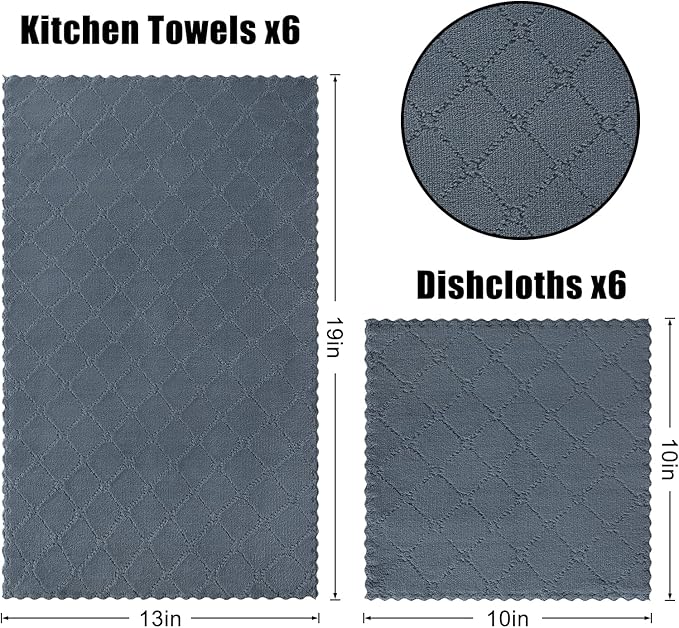 Homaxy Kitchen Towels and Dishcloths Set, 10 x 10 and 13 x 19 Inches, Set of 12 Super Soft and Absorbent Coral Velvet Kitchen Towels, No Lint and Nonstick Oil Fast Drying Dish Towel, Dark Grey