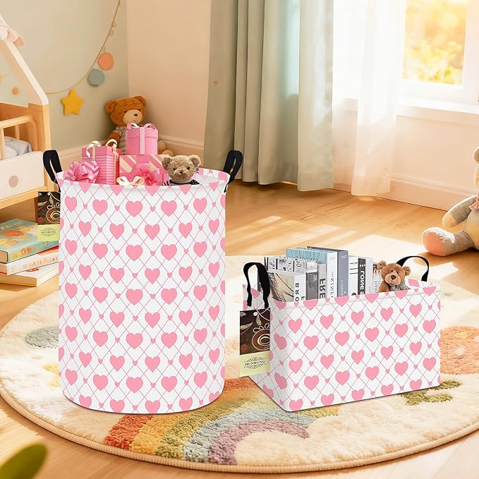 HUNRUNG Laundry Hamper,Large Canvas Fabric Lightweight Storage Basket Toy Organizer Dirty Clothes Collapsible Waterproof for College Dorms（Round-Heart）
