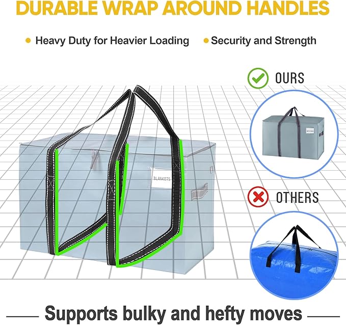 VENO 2 Pack Heavy Duty Moving Bags, Extra Large Storage Bags with Reinforced Handles & Strong Zippers, Foldable & Reusable Moving Box Alternative for Clothes & Dorm Storage