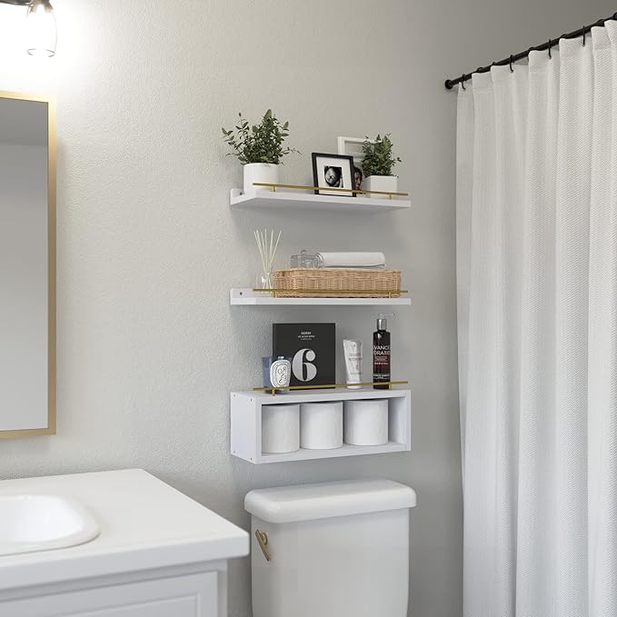 WOPITUES Floating Shelves for Wall with Cube Shelf, Wall Shelves with Metal Rail for Decor, Bathroom Organizers and Storage, Over Toilet Shelves for Bathroom, Toilet Paper-White&Gold