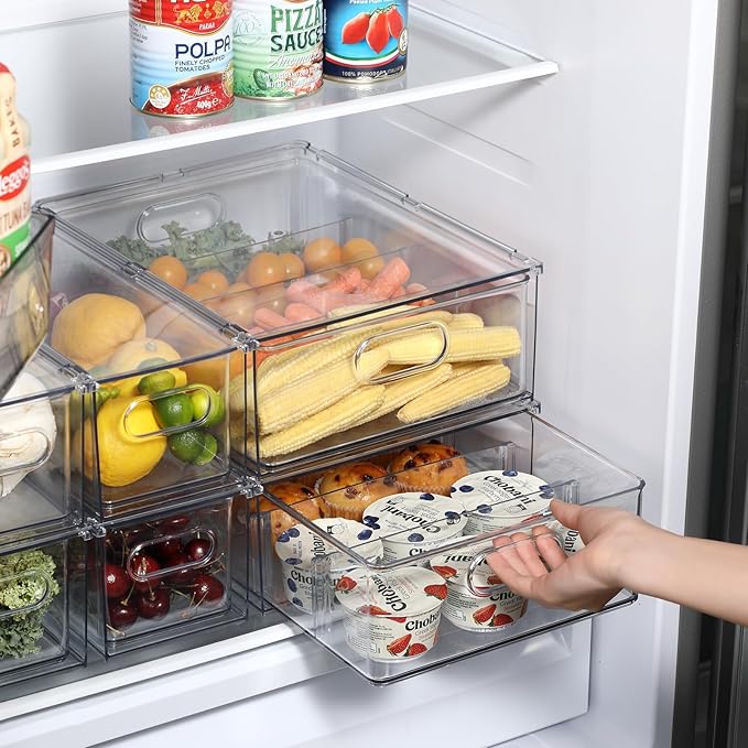 Fridge Drawer Pull Out Stackable Bins, Clear Refrigerator Stackable Organizers, Fridge Organizer Storage for Kitchen, Pantry, Vegetables, Fruits (4 Small)