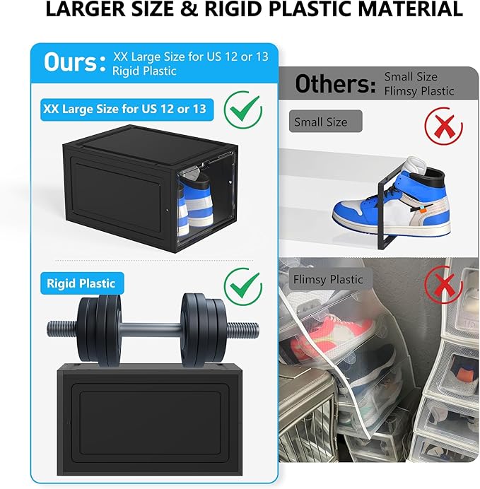 MCIJRJOI 12 Pack Hard Sturdy Thickened Rigid XX Large Shoe Storage Organizer for Closet, Clear Stackable Sneaker Shoe Boxes Rack Containers Display Case Bins with Lids, Black03