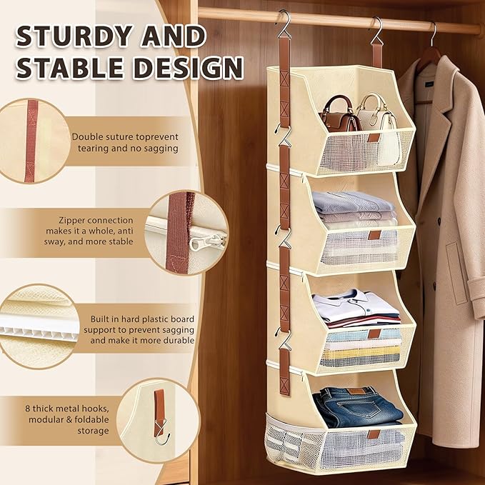 Fabric 4 Tier Hanging Closet Organizer Heavy Duty Beige Shelf Hanging Storage Towel Clothes Sweater Jeans Bag Organizer For Closet For Bedroom, Dorm, RV, See Through Front Panel, Space-Saving