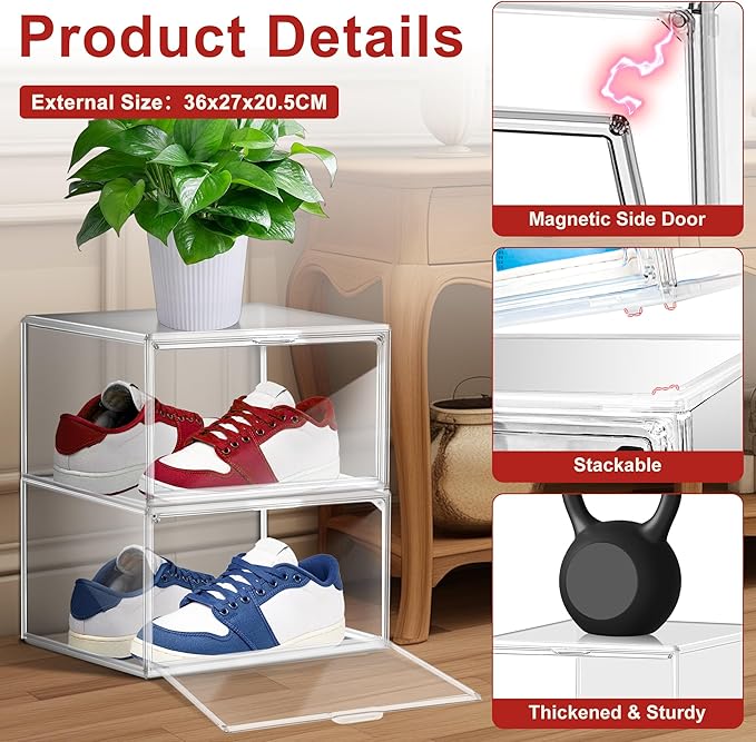 12 Pack Clear Shoe Organizer for Closet, Large Stackable Sneaker Boxes Shoe Display Box Handbag Organizer Plastic Storage Bins with Magnetic lids