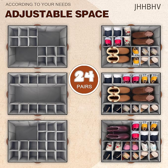 1 Pack Shoe Organizer for Closet, Adjustable Shoe Box Storage Containers, Large Foldable Shoe Bins with Clear Cover, Space Saving Shoes Holder with 4 Handles, Fits 12-24 Pairs, Black