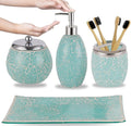 Escenzy Stylish Green Bathroom Accessories Sets 4 Pcs | Luxurious Glass Soap Dispenser, Toothbrush Holder, Cotton Swab Jar, Vanity Tray | Modern Decor Bling Mosaic Glass Turquoise Bathroom Accessories