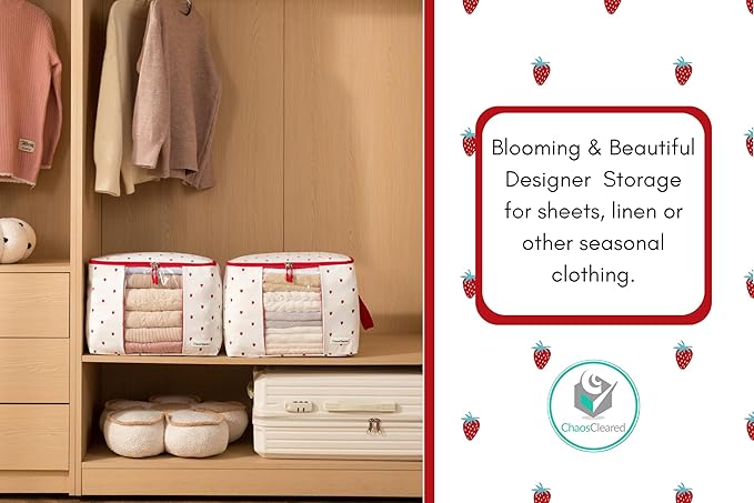 Chaos Cleared Canvas Storage Bags Designer Organizer 2 Pack – Seasonal Storage for Sweaters, Blankets, Linens & Garments – Foldable Design with Zip & Window, Moth-Proof Space Saver, Strawberry Print