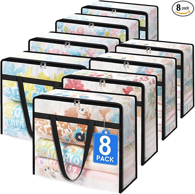 8 Pack Clear Storage Bags for Comforter, Clothes & Bedding, Plastic Blanket Storage with Zipper and Handle, Moving Bags, Closet Organizer and Under-Bed Storage (60L)