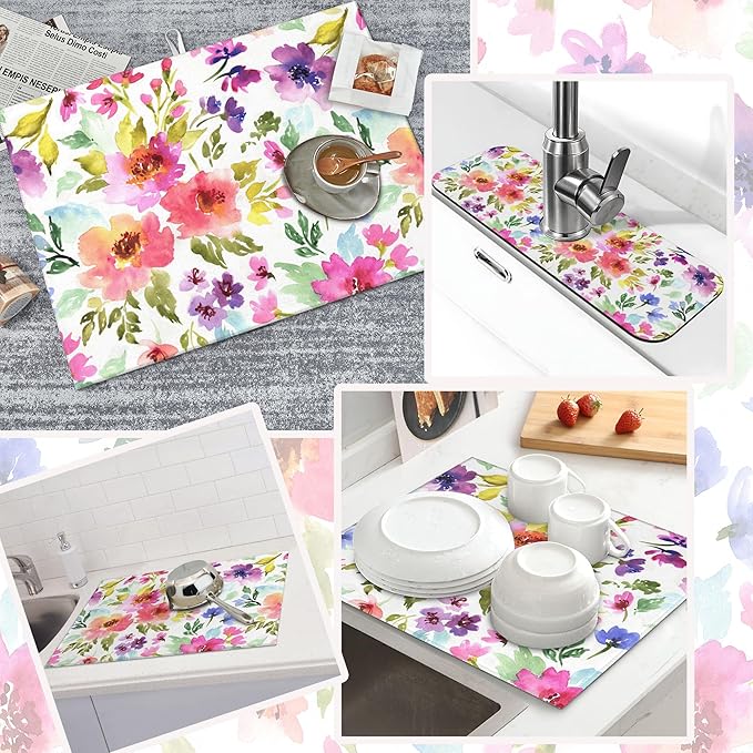 3Pcs Watercolor Flower Dish Drying Mat & Kitchen Sink Splash Guard Faucet Mat For Kitchen Counter Absorbent Microfiber Dishes Pad Dish Drainer Rack Mats Fast Dry Kitchen Accessories