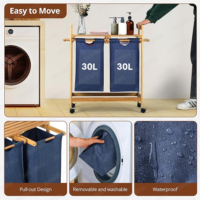 30L Double Laundry Basket with Lid – Solid Wooden Hamper Basket with Shelf, 2 Removable Washing Baskets & Wheels, Heavy Duty Rolling Laundry Organizer for Small Spaces