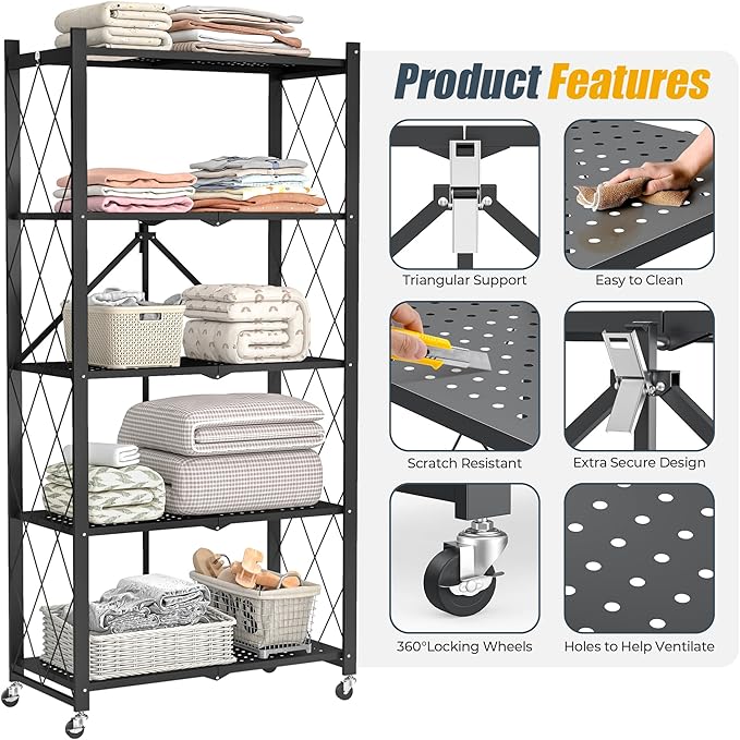5-Tier Folding Metal Storage Shelf with Wheels, Heavy Duty Organizer Rack Holds 750 lbs, No Assembly Utility Shelving for Kitchen, Garage, Pantry, Living Room, Office (New Upgrade - Black, 5 Tier)