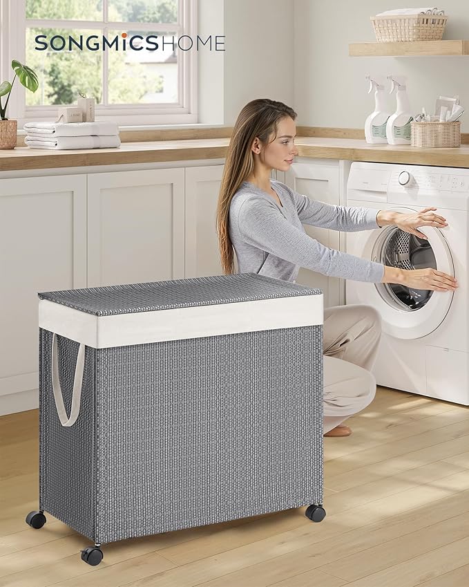 SONGMICS HOME Laundry Hamper with 3 Section, Large 140 L Rolling Laundry Basket with Wheels, Rattan Clothes Basket with Lid, Removable Liner with Handles, Dove Gray and Matte White ULCB602G01