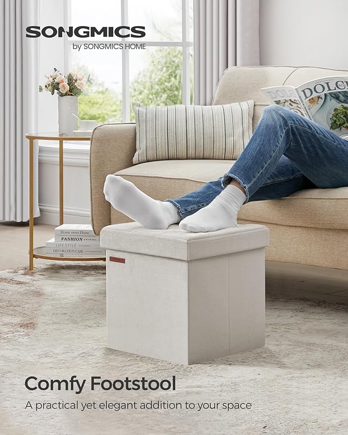 SONGMICS Small Storage Ottoman, Folding Ottoman Cube, 15 x 15 x 15 Inches, Footstool, Footrest, 11 Gal. (43 L), Velvet Surface, for Bedroom, Living Room, Dorm, Cream White ULSF227W01