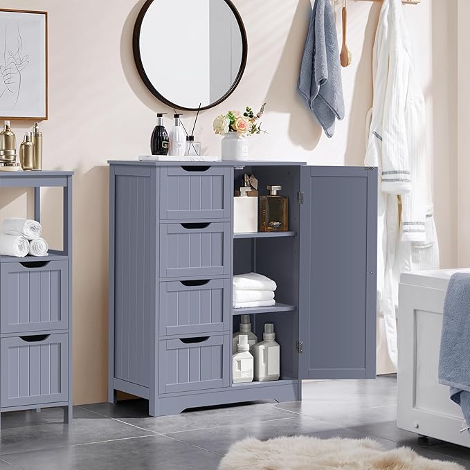Yaheetech Large Bathroom Floor Cabinet with 4 Dawers and Single Door Cabinet, Freestanding Storage Cabinet for Living Room Kitchen Hallway, Gray