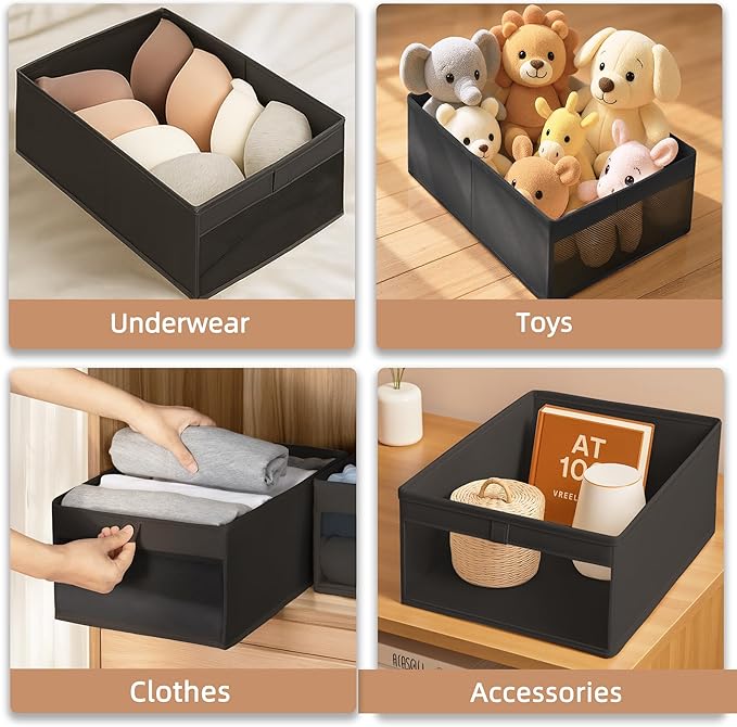 STORAGE MANIAC 4 Pack Storage Bins with Clear Window, Storage Boxes for Shelves, Sturdy Foldable Closet Organization Fabric Shelf Basket for Toy, Towel, Book, Jeans, Offices, Dorm, Wardrobe, Black