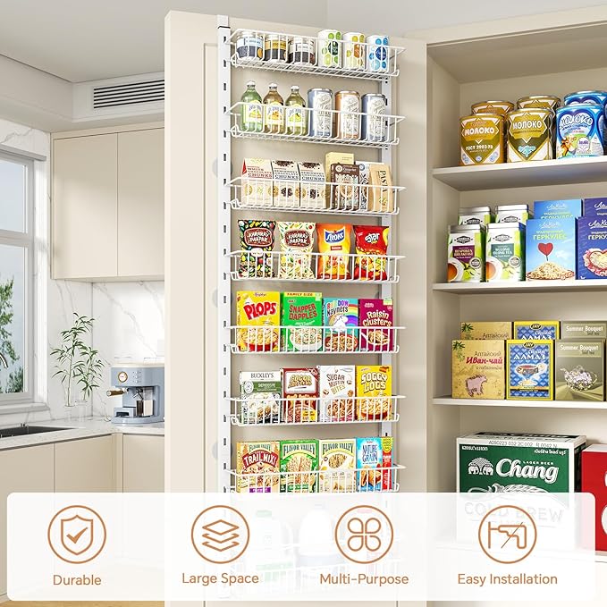 MIAOLI Over the Door Pantry Organizer, 8-Tier Adjustable Spice Rack Cabinet Door Shelves, Hanging Seasoning Organizer for Kitchen Bathroom, Laundry Room Organization, White