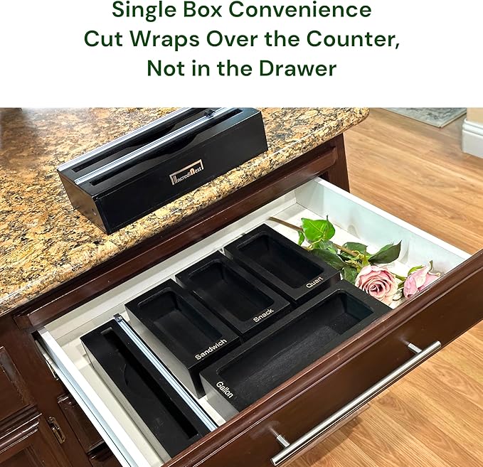 Incredinest Bamboo Drawer Organizer Bag Holder – Modular Design Zip Lock Bag Organizer Plastic Wrap Dispenser with Cutter – Baggie Organizer for Drawer with Single and Double Wrap Dispenser