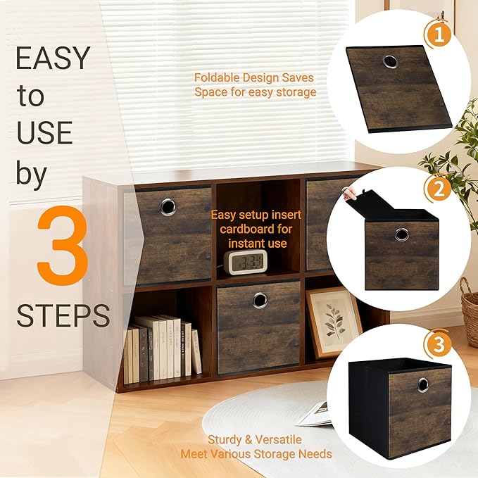 Thickened Fabric Storage Bins with Wood Grain,Decorative Storage Cubes Foldable Box,Sturdy Cube Organizer Basket for Shelves,Closet,Home,Office, Nursery,Dorm,Brown with Black,3 Pack (11.8x11.8x11.8in)