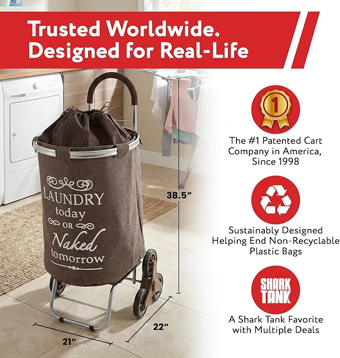 dbest products Stair Climber Laundry Trolley Dolly, Brown Laundry Bag Hamper Basket cart with wheels sorter