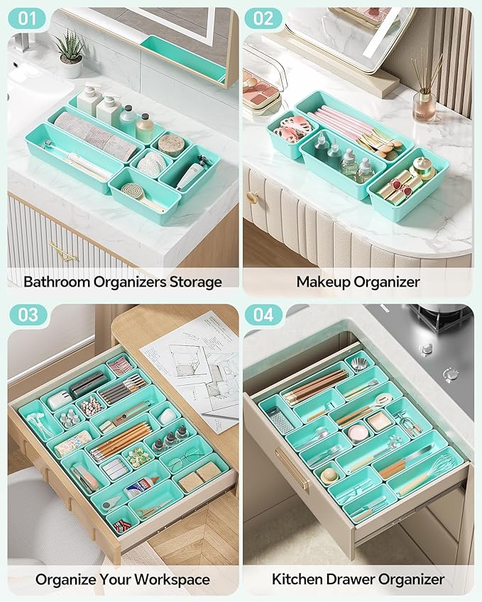 13 Pack Plastic Drawer Organizers Set, 3 Sizes Desk Drawer Organizer Trays for Vanity and Makeup Organizer, Organization and Storage for Makeup, Kitchen Utensils, Bathroom and Office(Blue)