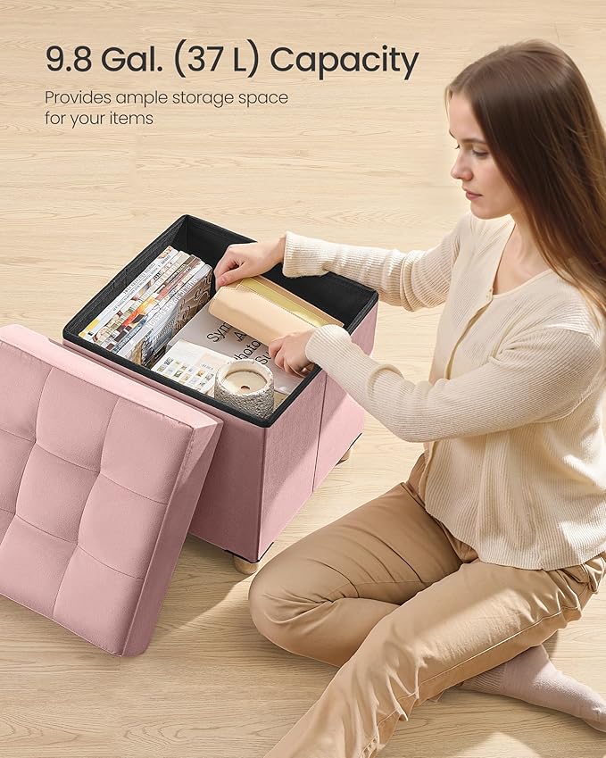 SONGMICS Small Storage Ottoman, Folding Ottoman Cube, 15 x 15 x 15.7 Inches, Footstool, Footrest, 9.8 Gal. (37 L), Velvet Surface, for Bedroom, Living Room, Dorm, Jelly Pink ULSF0516R01