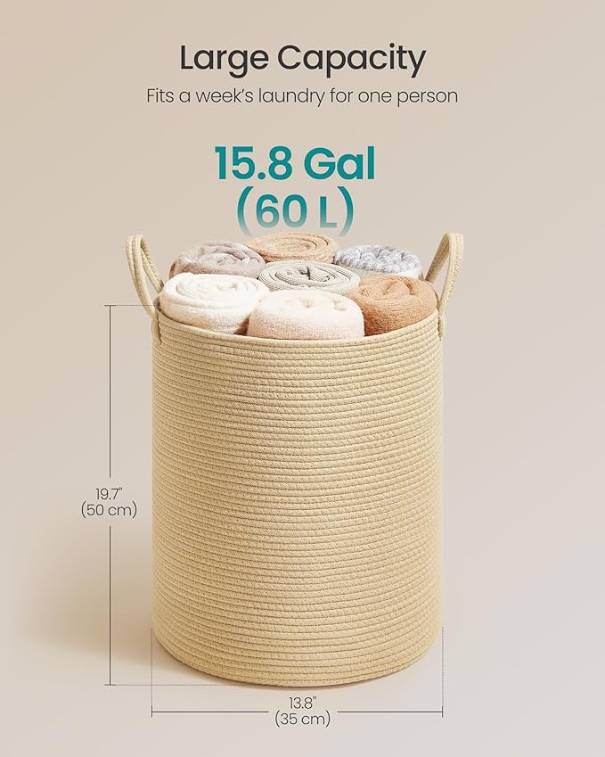 SONGMICS Laundry Hamper, Cotton Rope Laundry Basket with Handles, for Children, Toys, Clothing, Living Room, Bedroom, 15.8 Gallons, 13.8 x 13.8 x 19.7 Inches, Yellowish Brown URLH061KZ01
