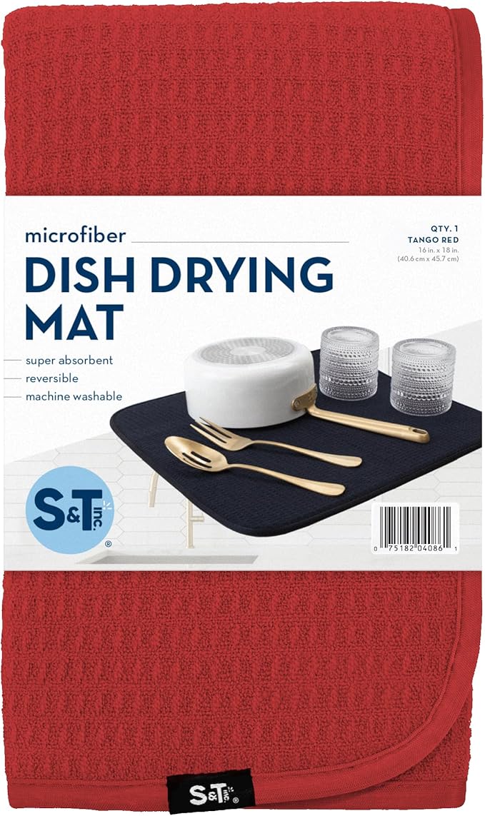 S&T INC. Dish Drying Mat, 16” x 18”, Absorbent Microfiber Kitchen Counter Mat, Dish Drying Pad for Dishes, Utensils, Pots and Pans, Large, Red