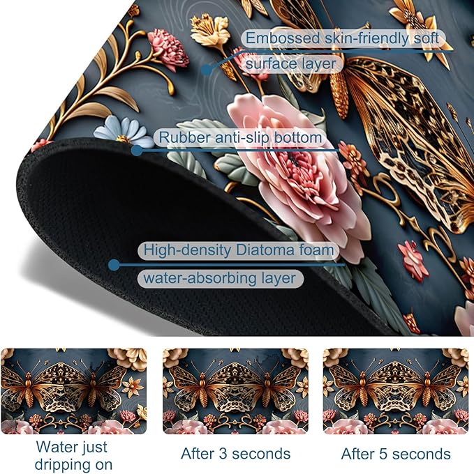 Gold Butterfly Sink Splash Guard Faucet Mat Pink Floral Super Absorbent Fast Drying Mat Sink Gadgets-Splash Guard Behind Faucet Drip Catcher for Kitchen Bathroom, 15.5"x5.5"