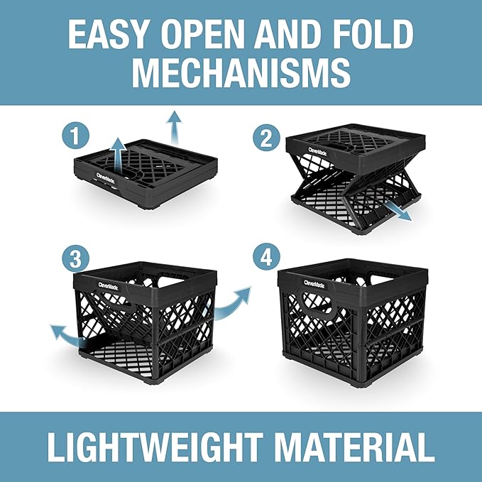 CleverMade Collapsible Milk Crate, Black, 3PK - 25L (6 Gal) Stackable Storage Bins, Holds 50lbs Per Bin - Clevercrates are Heavy Duty, Plastic Collapsible Storage Crate for Multi Purposes