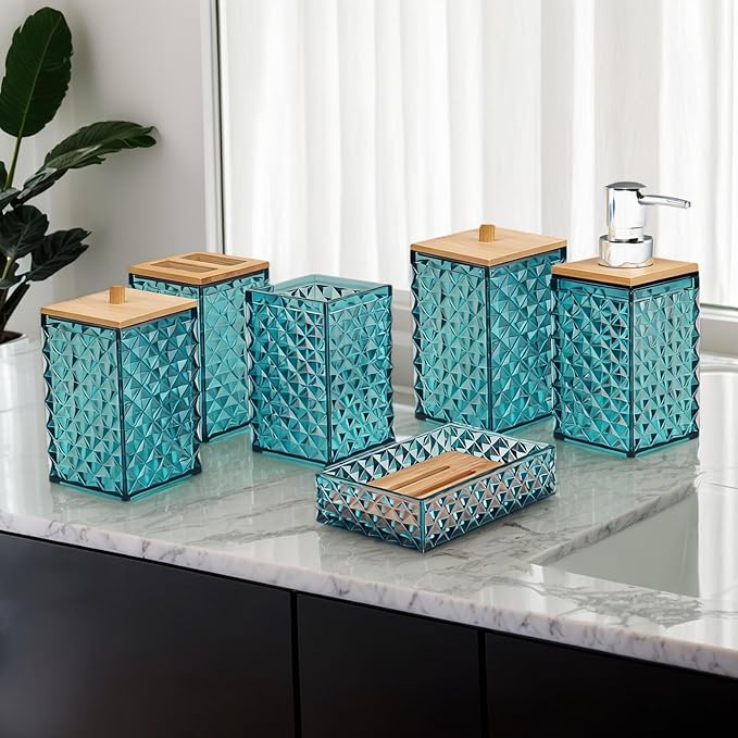 Bathroom Accessory Set,6 Pcs Dark Green Bathroom Set Include Soap Dispenser, Qtip Holder Dispenser, Soap Dish, Toothbrush Holder & Mouthwash Cup.Boho Bathroom Set
