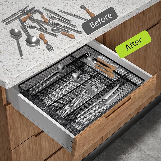 Neudeco Silverware Drawer Organizer Holder, Cutlery Tray Silverware Flatware Storage Divider for Kitchen, Bedroom, Living Room,Mesh Wire with Non-slip foam Feet, 5 Compoment（Black）