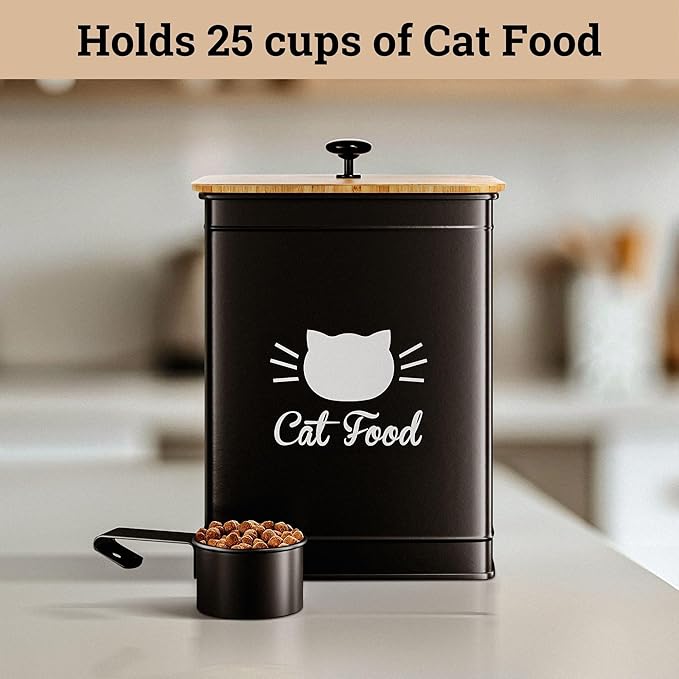 Cat Food Storage Container with Scoop - 5-7 lb (25 Cup) Capacity Metal Cat Food Container with Airtight Bamboo Lid and Metal Scoop - Airtight Pet Food Storage Containers 5 lb - 7 lb Kibble Container