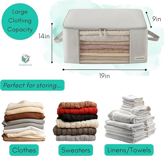 2 Pack Clothing Storage Bags Clothes Organizer folding fabric bags for sweaters, clothing, garment, bedding, quilt, linens, large folding organizers with zip & window, mothproof underbed space savers