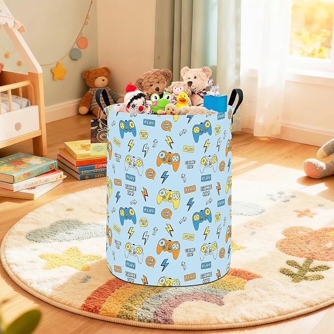 HUNRUNG Laundry Hamper,Large Canvas Fabric Lightweight Storage Basket Toy Organizer Dirty Clothes Collapsible Waterproof for College Dorms（Round-Color Game）