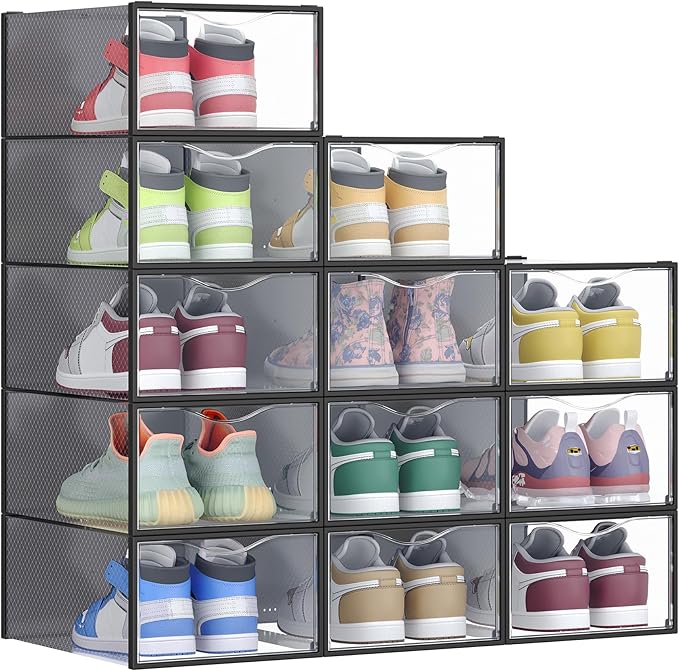 SONGMICS Shoe Boxes, Shoe Storage Organizers Rack for Closet, Plastic Stackable Sneaker Containers Case, 12 Pack, Transparent and Ink Black ULSP312B01