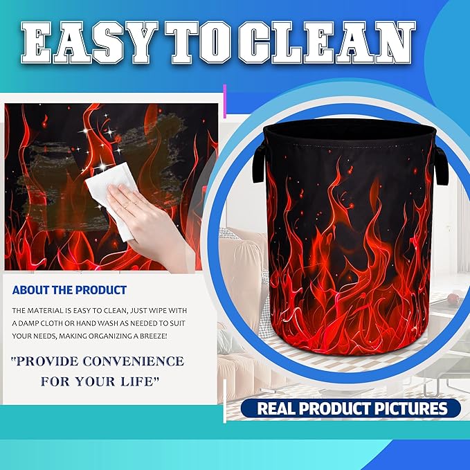 Red Flame Laundry Basket Oxford Cloth Funny Raging Fire Laundry Hamper With Handle Foldable Portable Clothes Storage Basket 18.9 X 16.5 In Storage Bag For Laundry Room/Bathroom/Bedroom/Dormitories